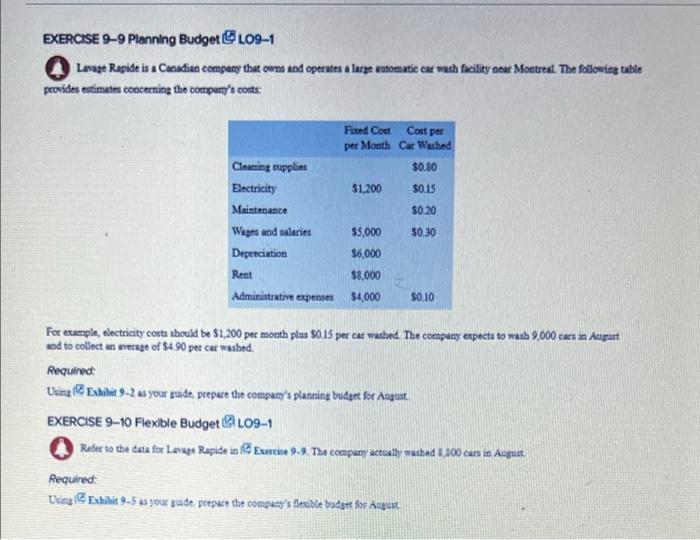 please help. EXERCISE 9-9 Planning Budget L09-1 Levage Rapide is a Canadian