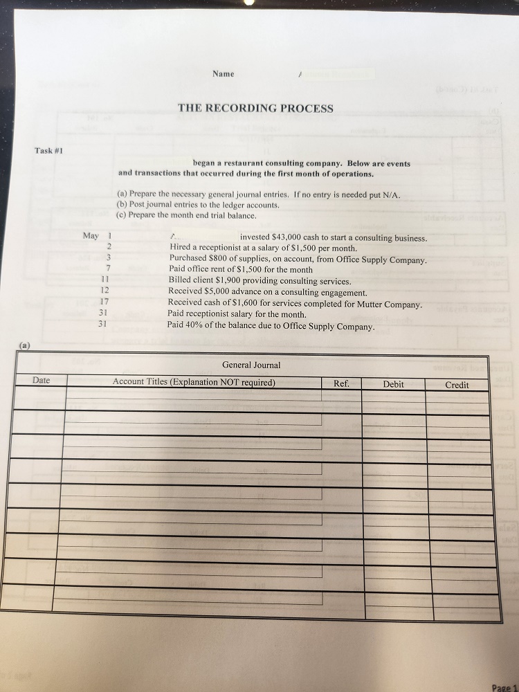  began a restaurant consulting Name THE RECORDING PROCESS Task #1 began