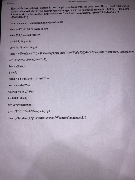  AIT Math Assessment 2/7/2020 The code below is shown. Explain in