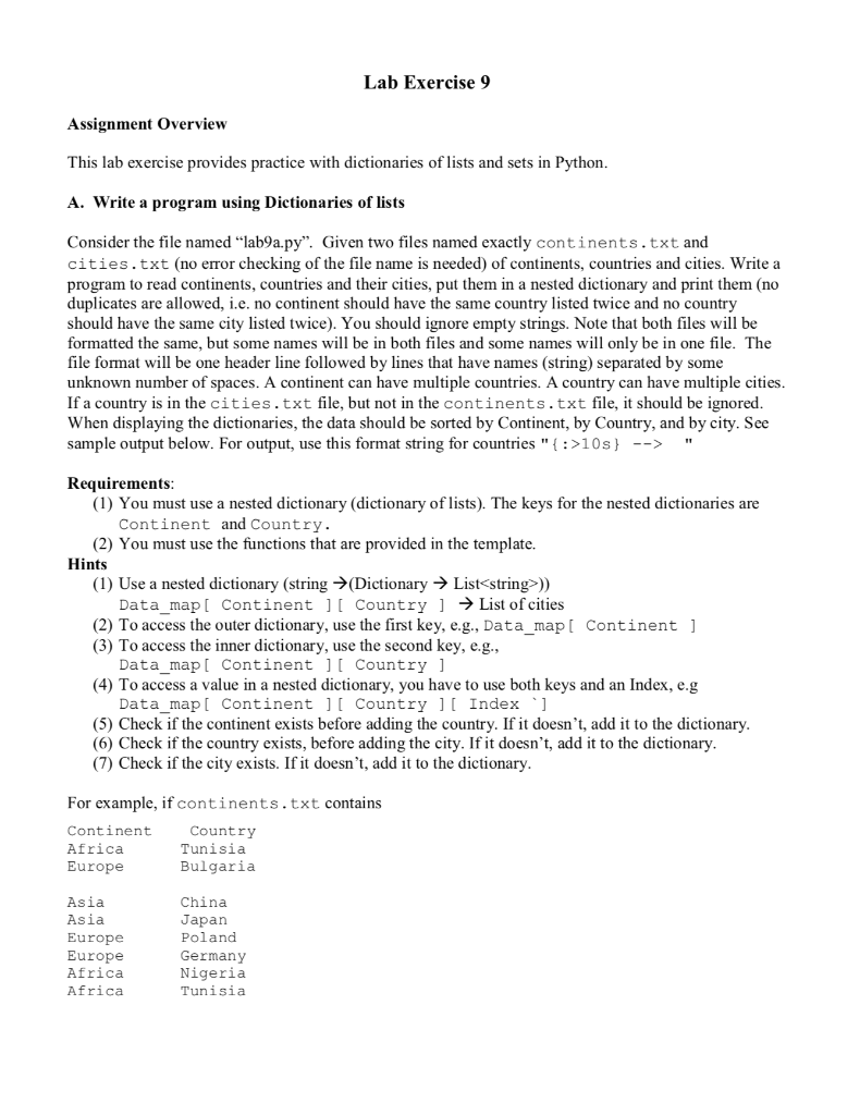  Lab Exercise 9 Assignment Overview This lab exercise provides practice with