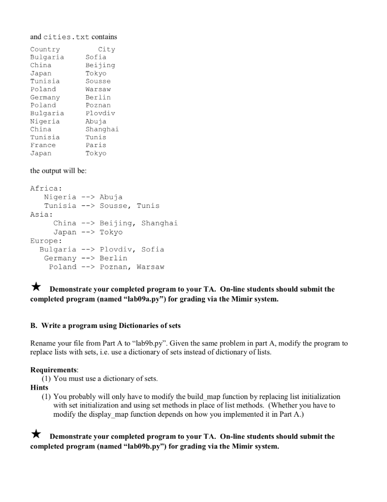 dictionaries of lists and sets in Python. A. Write a program using