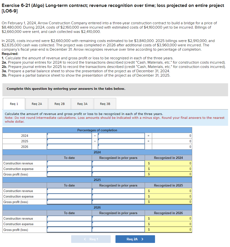  Exercise 6-21(Algo) Long-term contract; revenue recognition over time; loss projected on