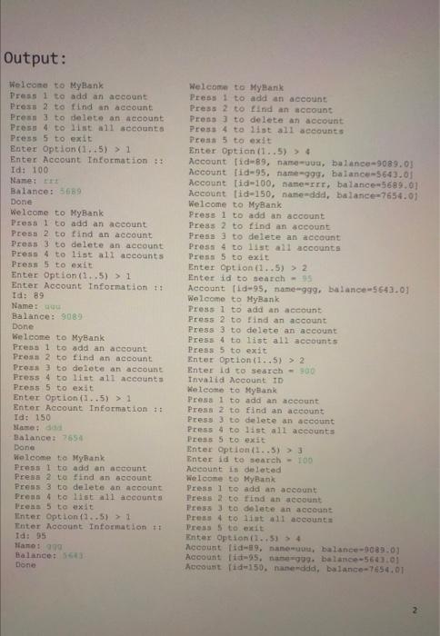 Account (id, ",,)); return accounts. get(index); \} public boolean deleteAccount (int id)