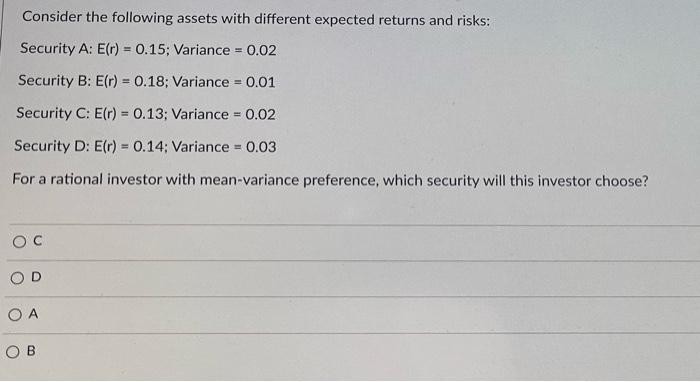  Consider the following assets with different expected returns and risks: Security