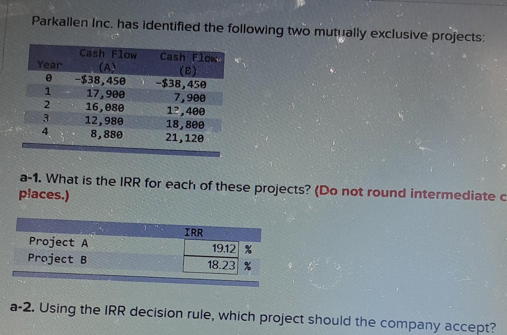 a-2. Using the IRR decision rule, which project should the company