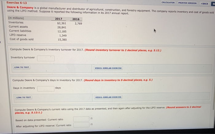  CALCULATOR PRINTER VERSION BACK NI Exercise 6-13 Deere & Company is