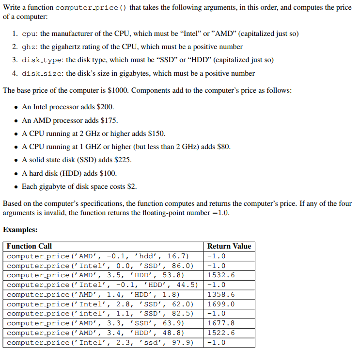  Write a function computer-price ) that takes the following arguments, in