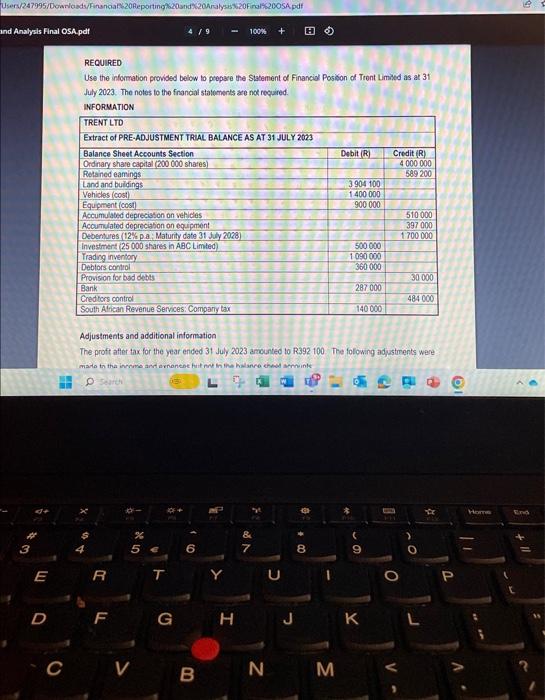  REQUIRED Use the informaton provided below to propare the Statement of