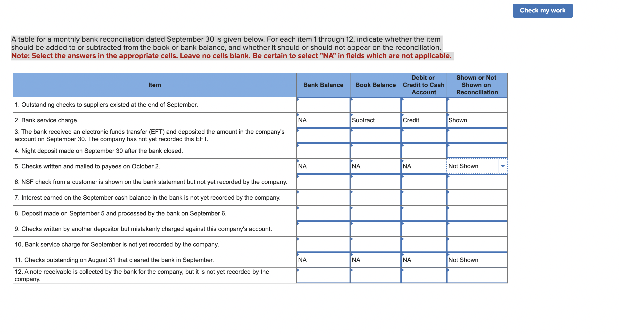 A table for a monthly bank reconciliation dated September 30 is