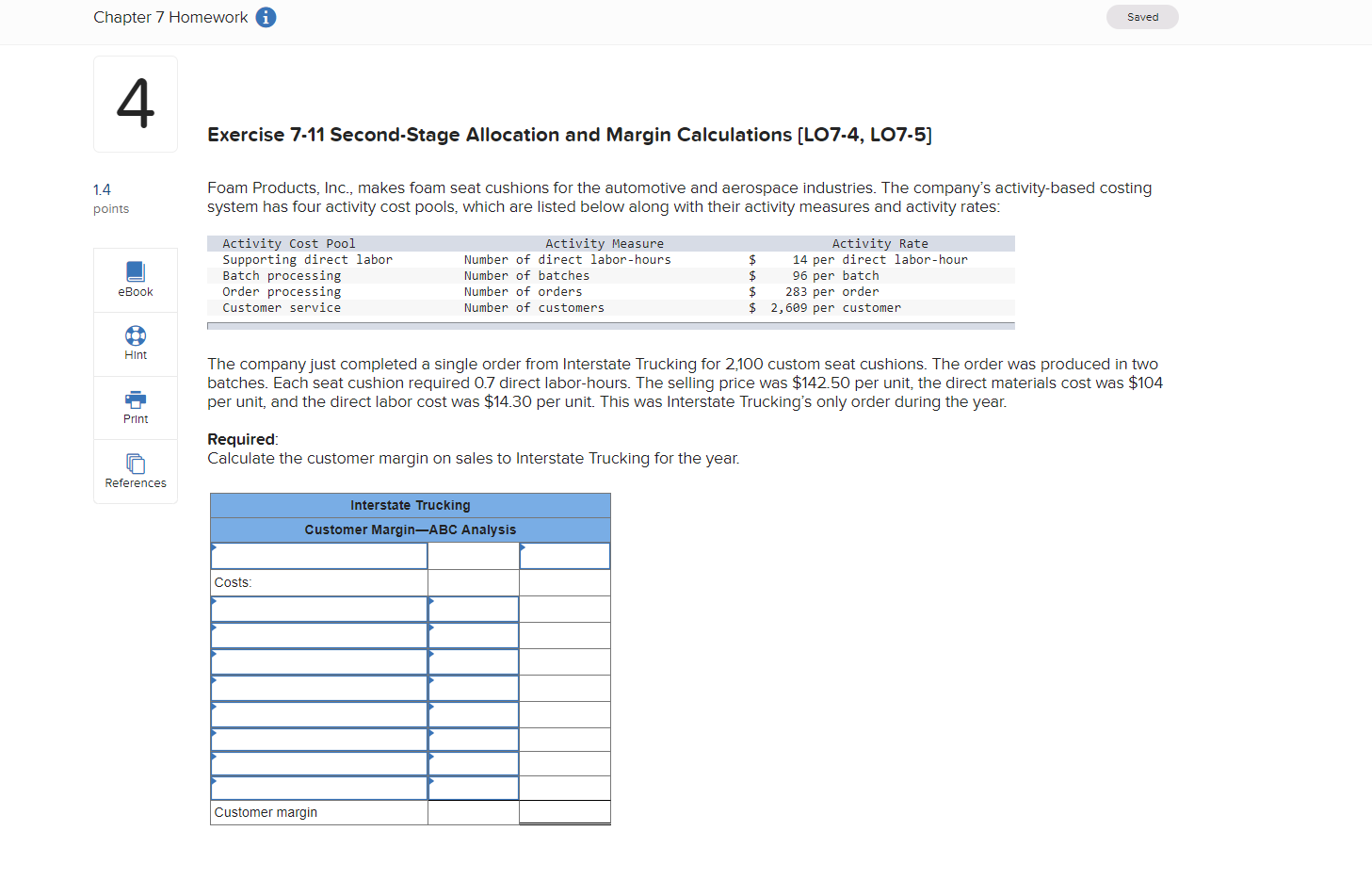 Chapter 7 Homework A Saved 4 Exercise 7-11 Second-Stage Allocation and