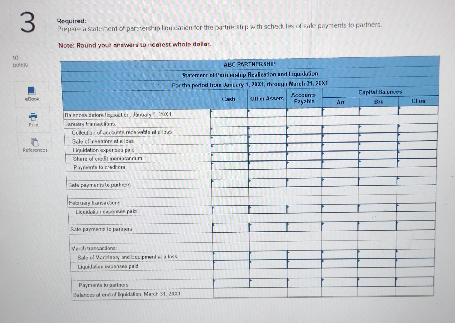 20X1, partners Art, Bru, and Chou, who share profits and losses in