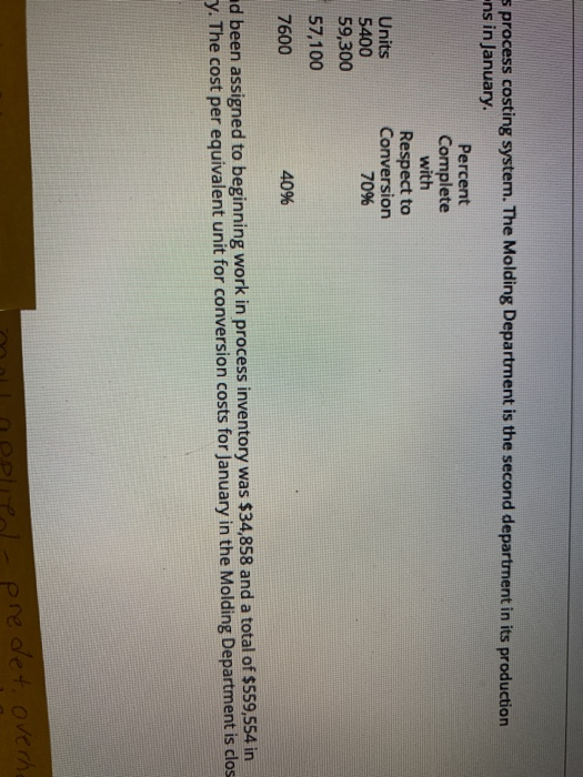 process costing system. The Molding process. The data below summarize the department's