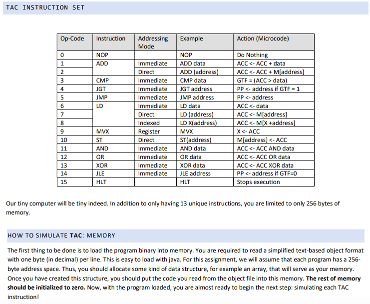 object file (full of TAC instructions encoded as decimal bytes) and then