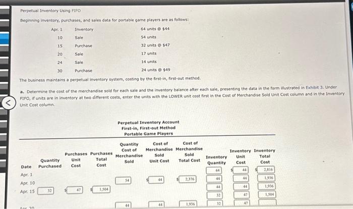  Perpetual Inventory Using fIro Beginning inventory, purchases, and sales data for