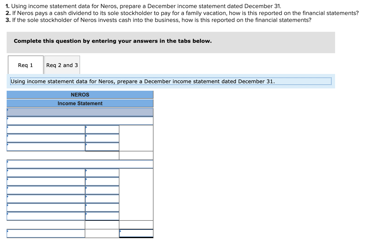 consulting revenue - 50000, Neros Expense = utilities - 3500, rent -