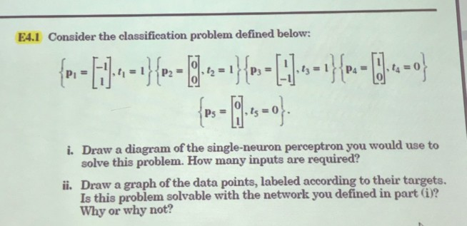  Nural network E4.1 Consider the classification problem defined below: i. Draw