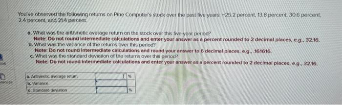  Youve observed the following returns on Pine Computer's stock over the