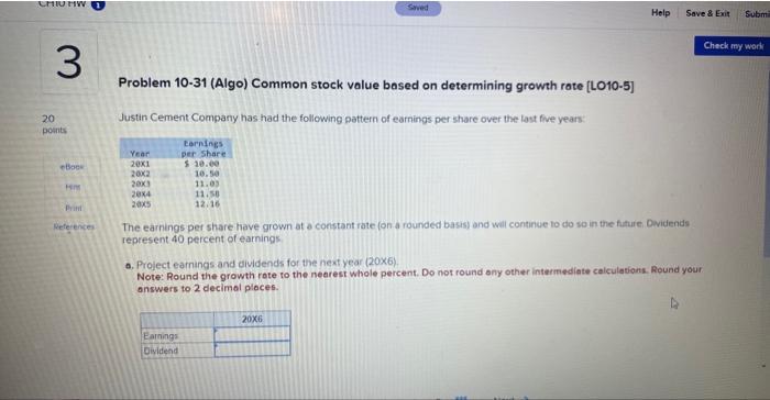  Problem 10-31 (Algo) Common stock value based on determining growth rate