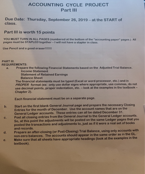  solve A through E ACCOUNTING CYCLE PROJECT Part III Due Date: