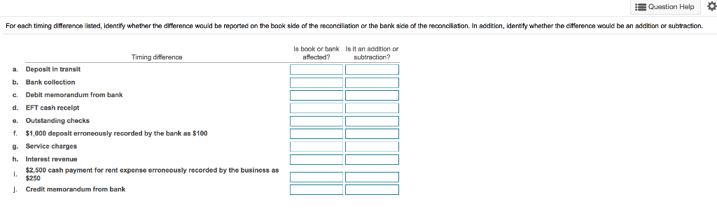  Question Help For each timing difference listed, identify whether the difference