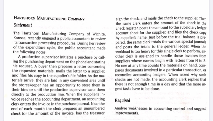 need a solution for this case ! HARTSHORN MANUFACTURING COMPANY Statement The