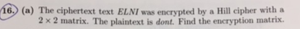  6. (a) The ciphertext text ELNI was encrypted by a Hill