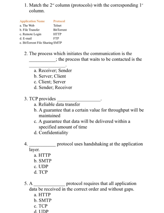  1. Match the 2 column (protocols) with the corresponding 1 column