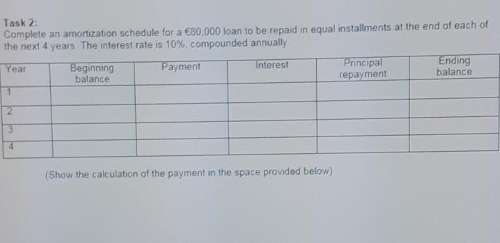  Task 2: Complete an amortization schedule for a 80,000 loan to