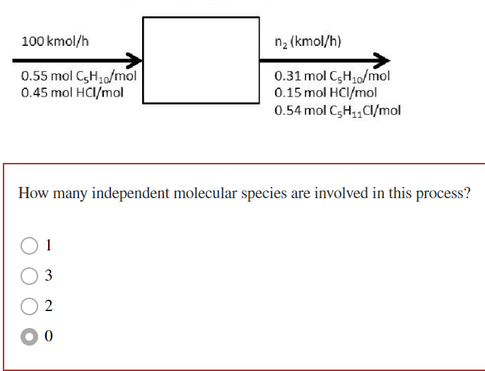 (Note: this equation is shown without proper units.) (0.55)(100)(10)+(0.45)(100)(1)=(0.31)(65)(10)+(0.15)(65)(1)+(0.54)(65)(11) molecular H2 balance
