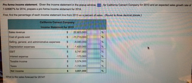 Pro forma income statement. Given the income statement in the popup