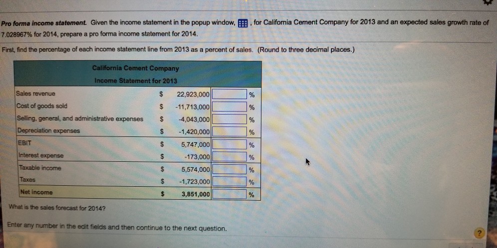 window EBl for Califormnia Cement Company for 2013 and an expected sales