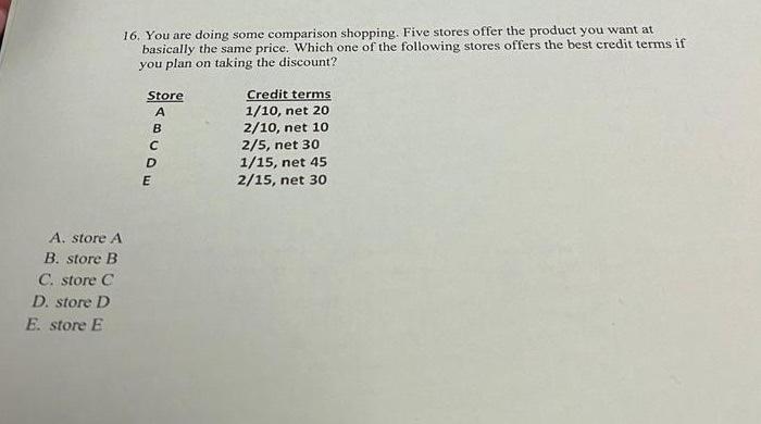  16. You are doing some comparison shopping. Five stores offer the
