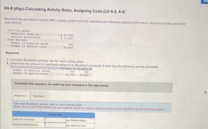 please help! E4-8 (Algo) Calculating Activity Rates, Assigning Costs [LO 4-3, 4-4]