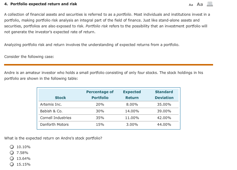  4. Portfolio expected return and risk Aa Aa E A collection
