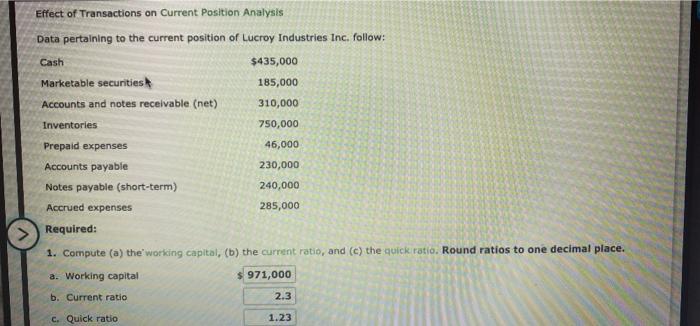  Effect of Transactions on Current Position Analysis Data pertaining to the