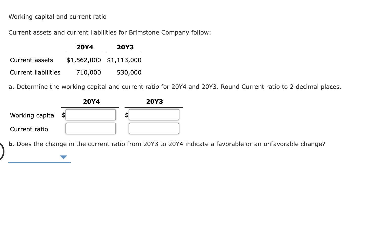 Working capital and current ratio Current assets and current liabilities for