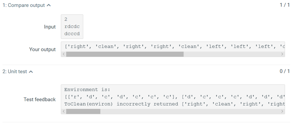 'clean', 'right', 'clean', 'left', 'left', 'left', 'left', 'left', 'left', 'down', 'right', 'right',