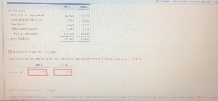  CALCULATOR FULL SCREEN PRINTER VERSION 2017 2016 Current assets Cash and