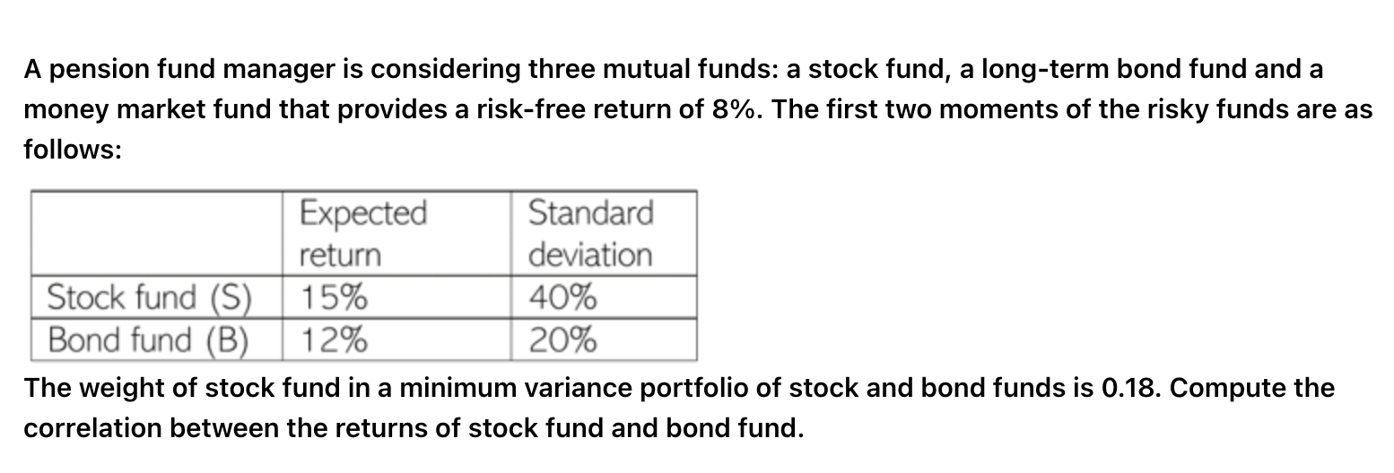  A pension fund manager is considering three mutual funds: a stock
