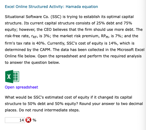 Excel Online Structured Activity: Hamada equation Situational Software Co. (SSC) is