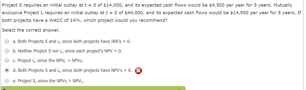 Project S requires an initial outlay at t = 0 of