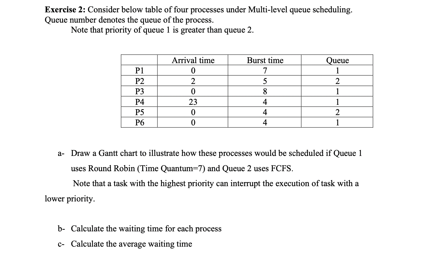  Exercise 2: Consider below table of four processes under Multi-level queue