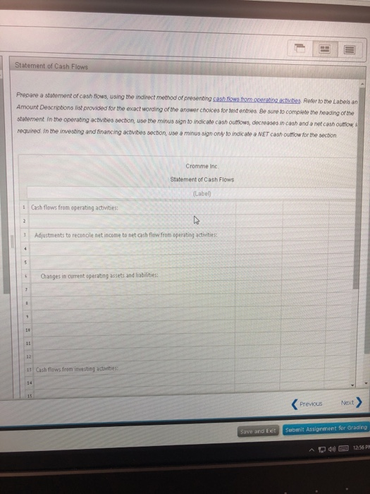 Print item Statement of cash flows-indirect method Labels and Amount Descriptions Stat