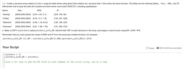  matlab 1 a Create a structure array cated pitchers using the