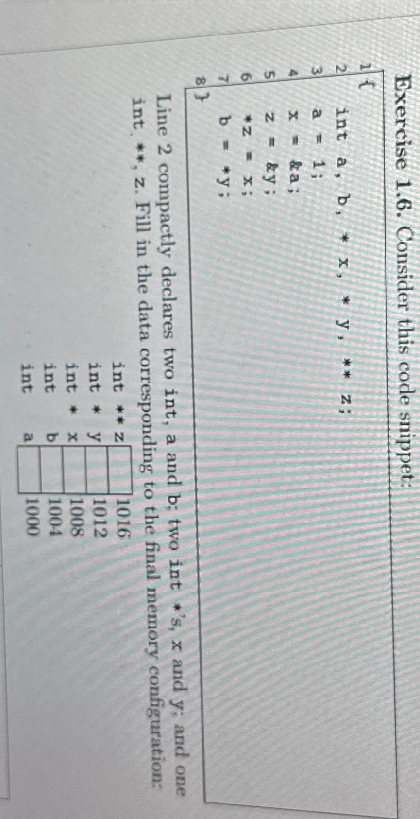  Exercise 1.6. Consider this code snippet: } int a,b,**x,**y,****z; a=1; x=&a;