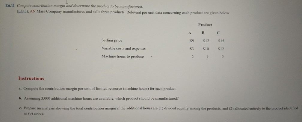  E6.11 Compute contribution margin and determine the product to be manufactured.