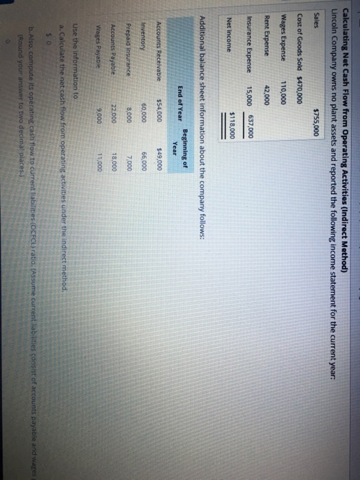 Calculating Net Cash Flow from Operating Activities (Indirect Method) Lincoln Company