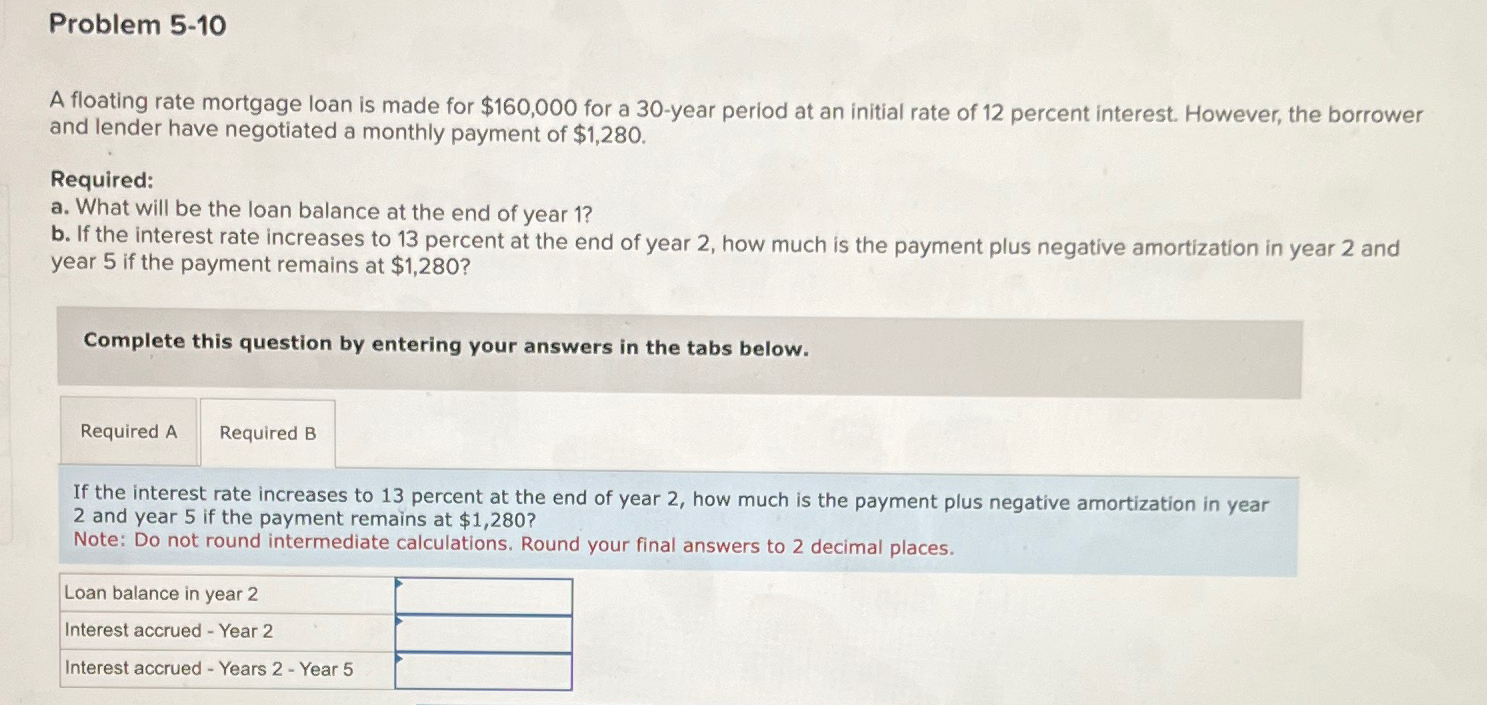  Problem 5-10 A floating rate mortgage loan is made for $160,000