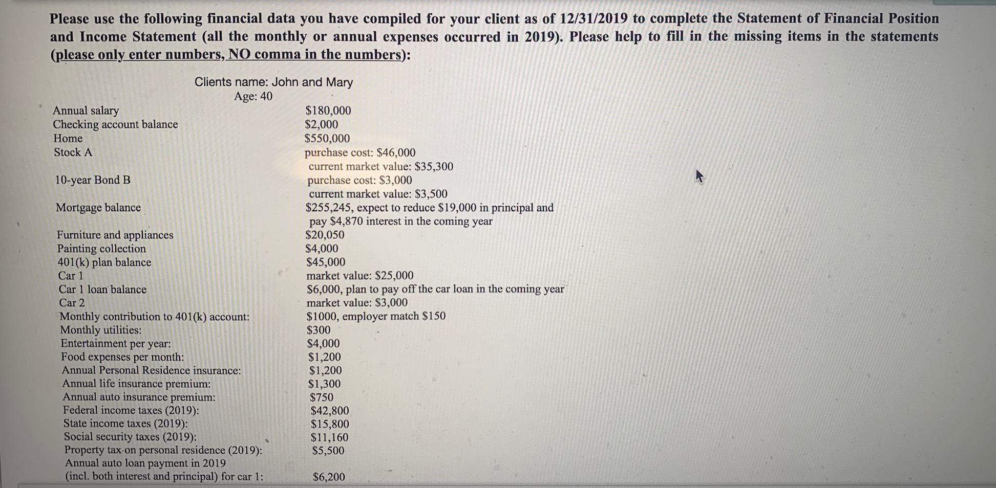 Please use the following financial data you have compiled for your