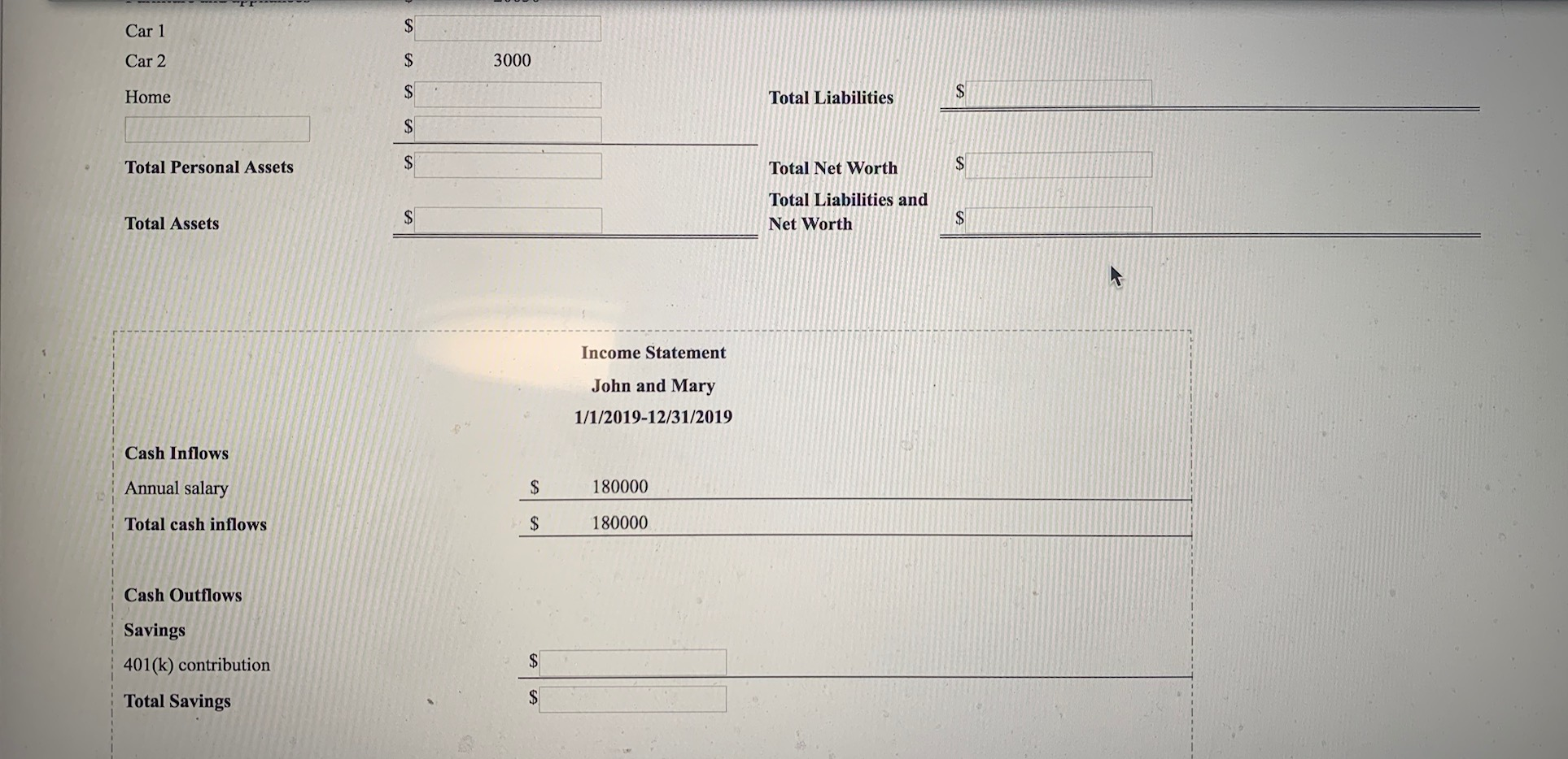 Income Statement (all the monthly or annual expenses occurred in 2019). Please